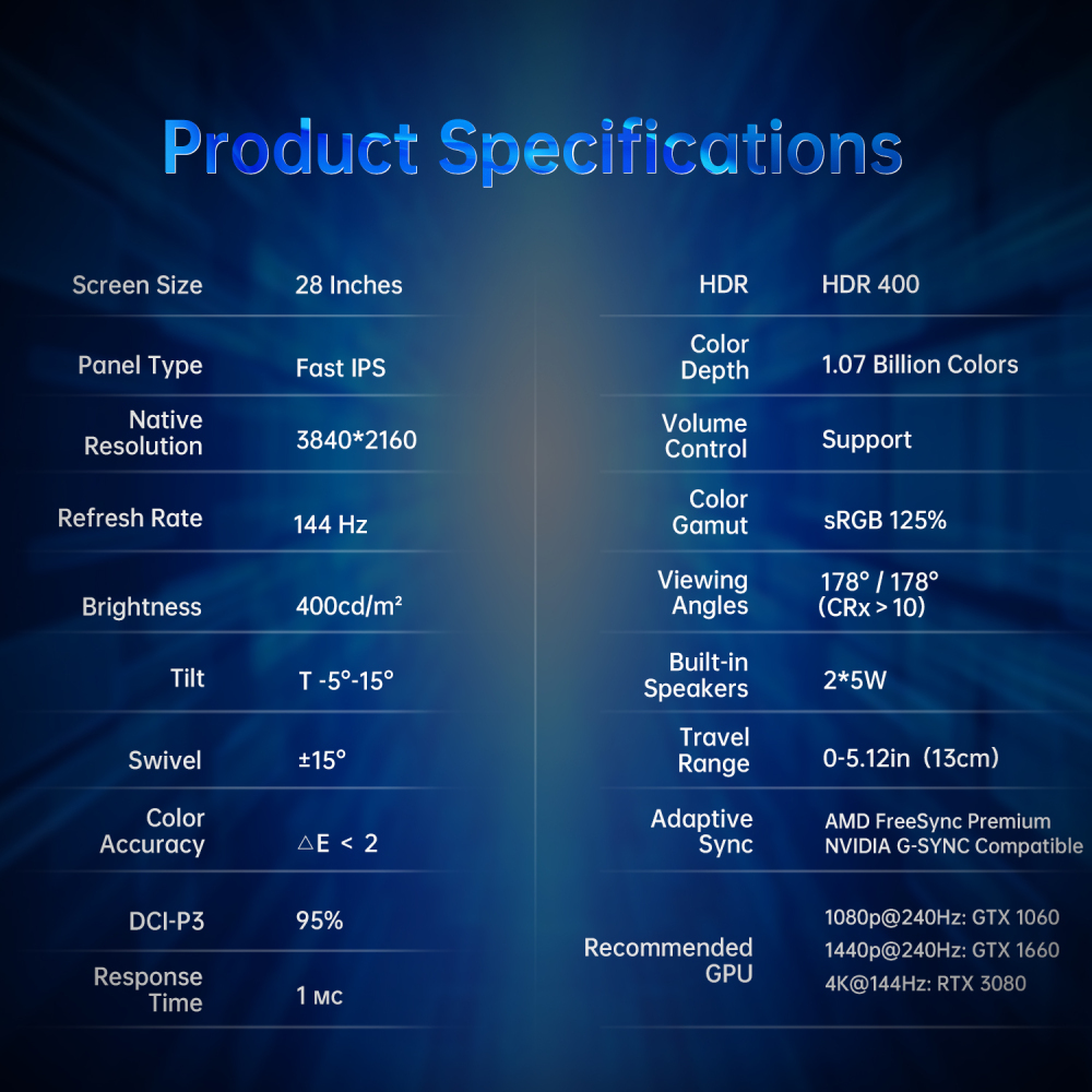 ETiansu 4K Gaming Monitor 28Inch 144Hz IPS Monitor,Featuring AMD FreeSync Premium for tear-free action and a vibrant 95% DCI-P3 color gamut,Height Adjustable Stand,HDMI 2.1
