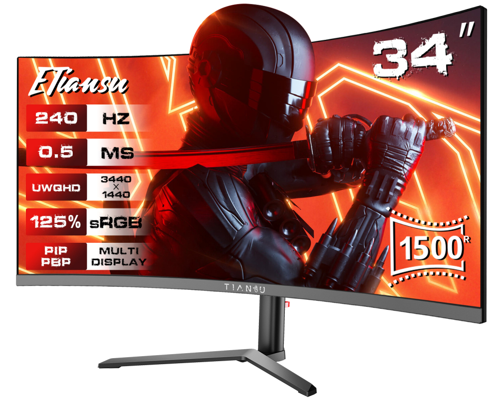 ETiansu 34Inch Curved Gaming Monitor 240Hz Ultrawide,1500R, 0.5ms, AMD FreeSync,UWQHD, 125% sRGB, HDMI 2.1, DP 1.4,Built-in Speakers,VESA Mountable
