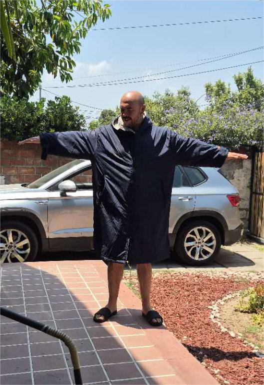 Adrian H testing adult changing robe - front view
