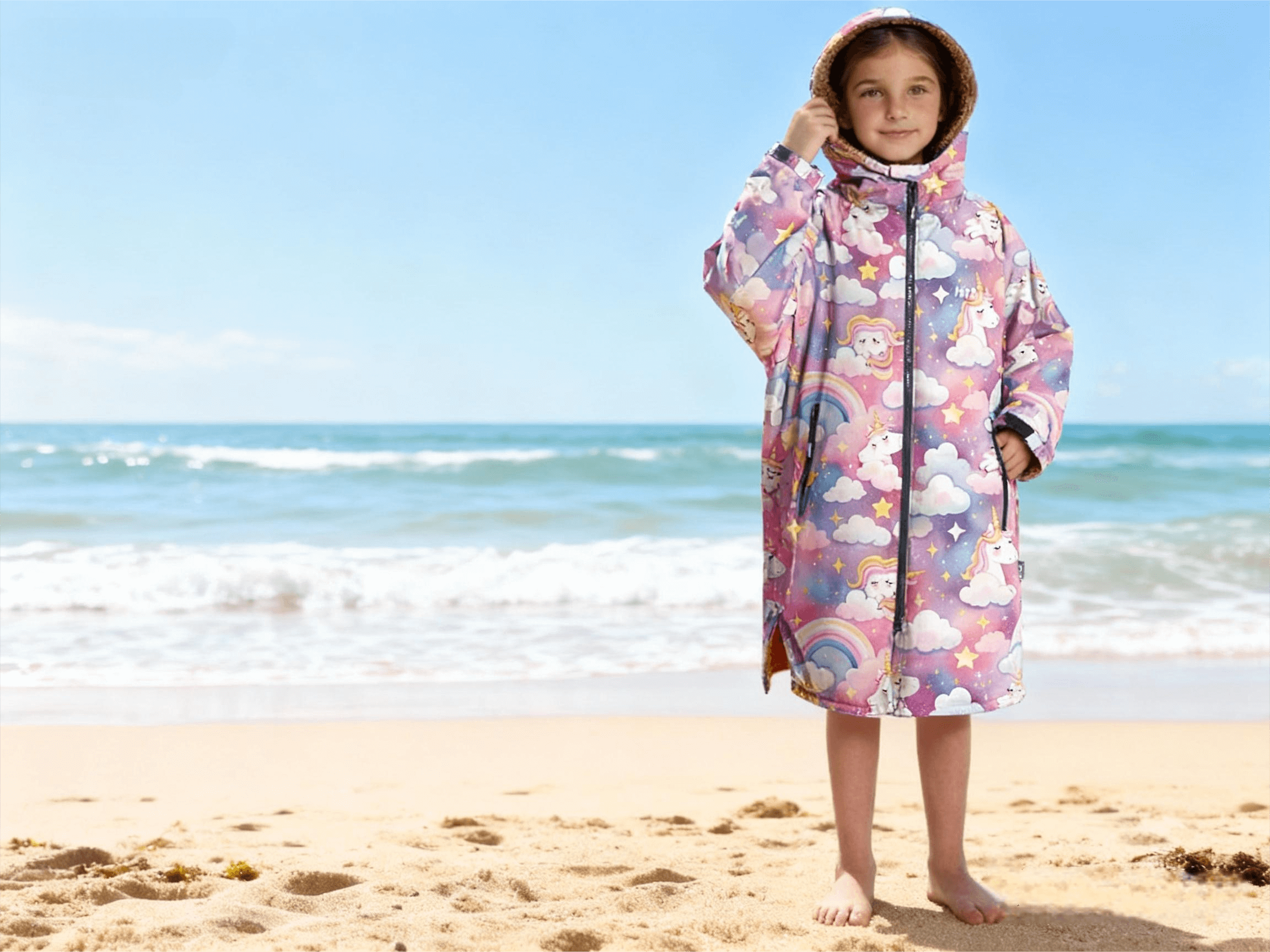 Child wearing the pink unicorn robe at the beach
