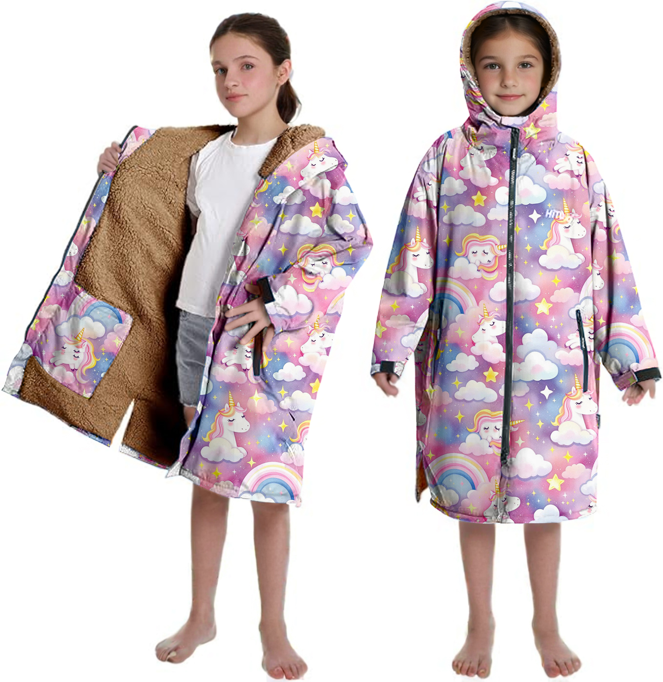 Pink Unicorn Children's Swimming Robe with Brown Fleece Lining - Front View