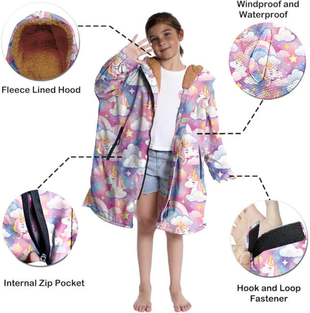 Custom Pink Unicorn Children's Swimming Robe - Kids Beach Robe with Brown Fleece Lining