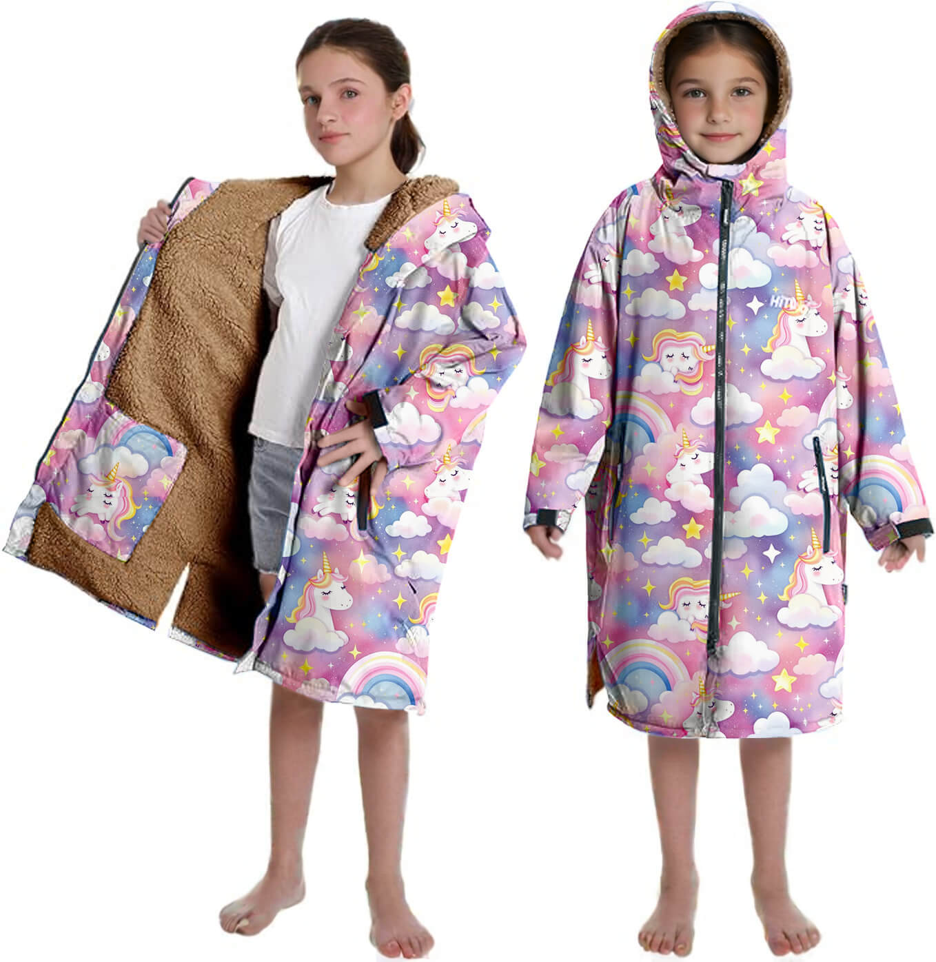 Custom Pink Unicorn Children's Swimming Robe - Kids Beach Robe with Brown Fleece Lining