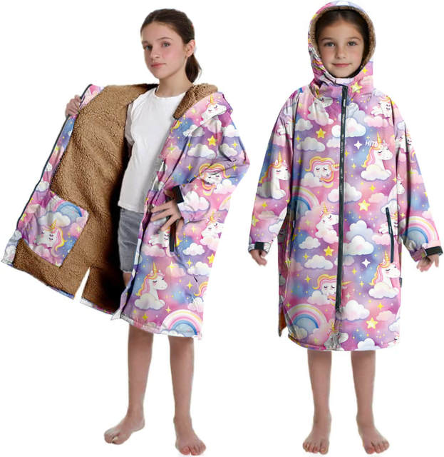 Custom Pink Unicorn Children's Swimming Robe - Kids Beach Robe with Brown Fleece Lining