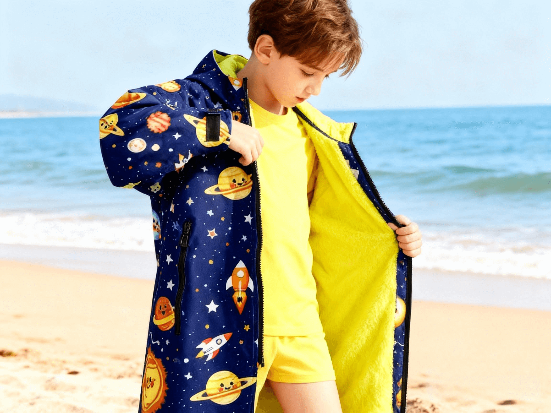Boy wearing the blue cosmic robe at the beach, perfect as a child beach robe