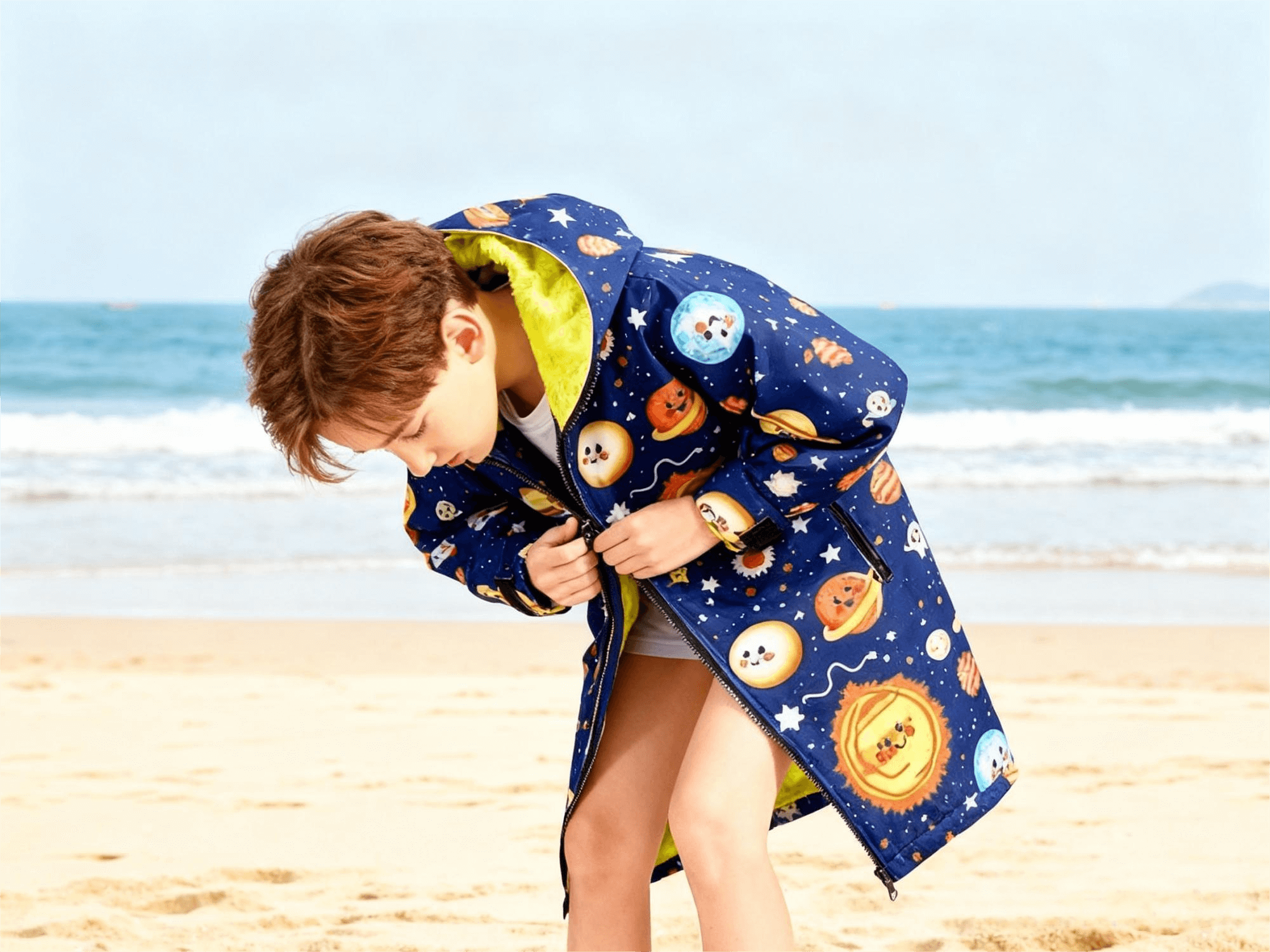 Child using the robe as a changing robe for boys after swimming