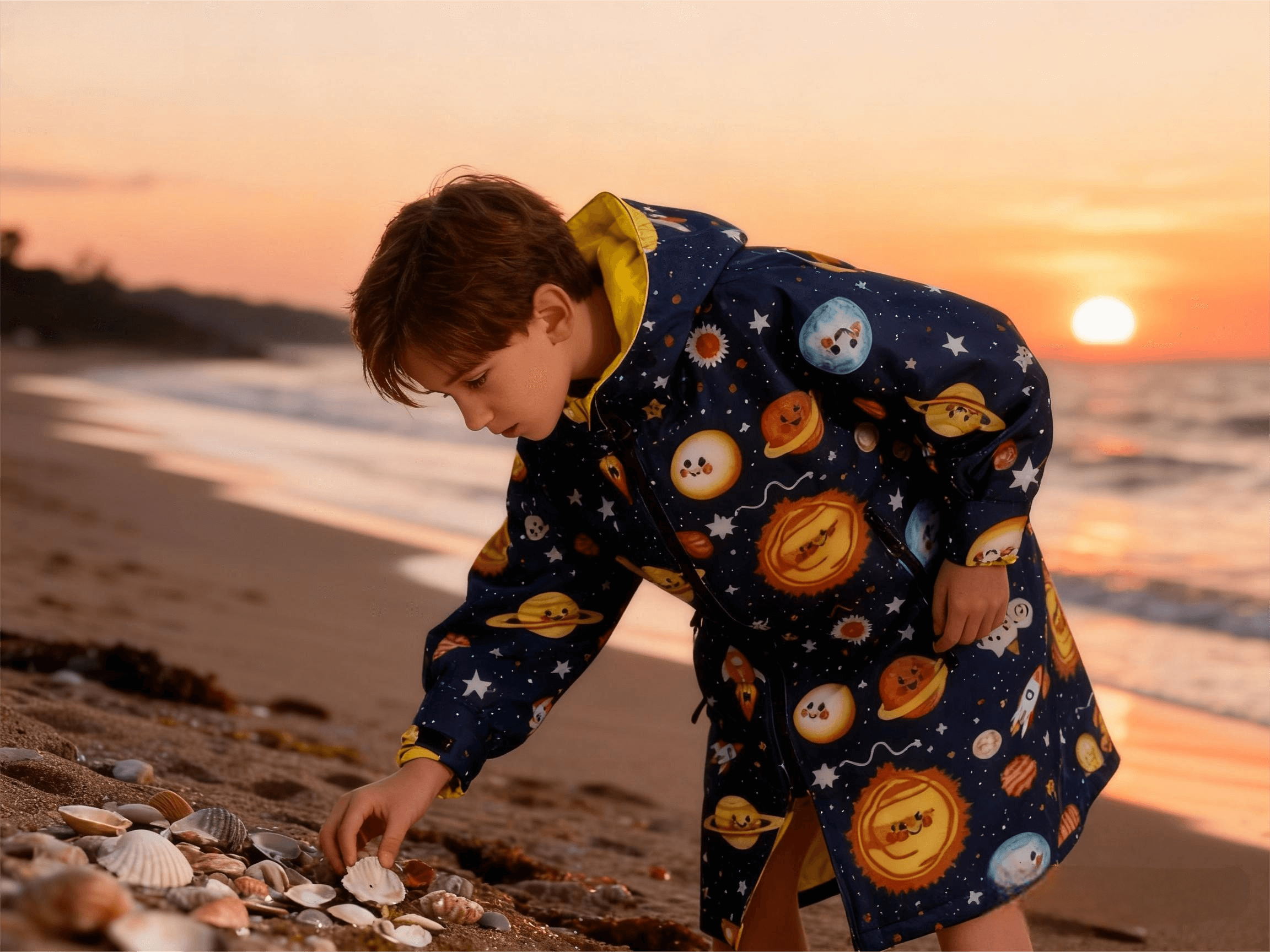 Child cozy in the yellow fleece lining after a bath or swim