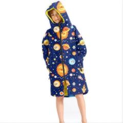 Custom Blue Cosmic Children's Swimming Robe - Yellow Fleece Lined Kids Beach & Changing Robe for Boys