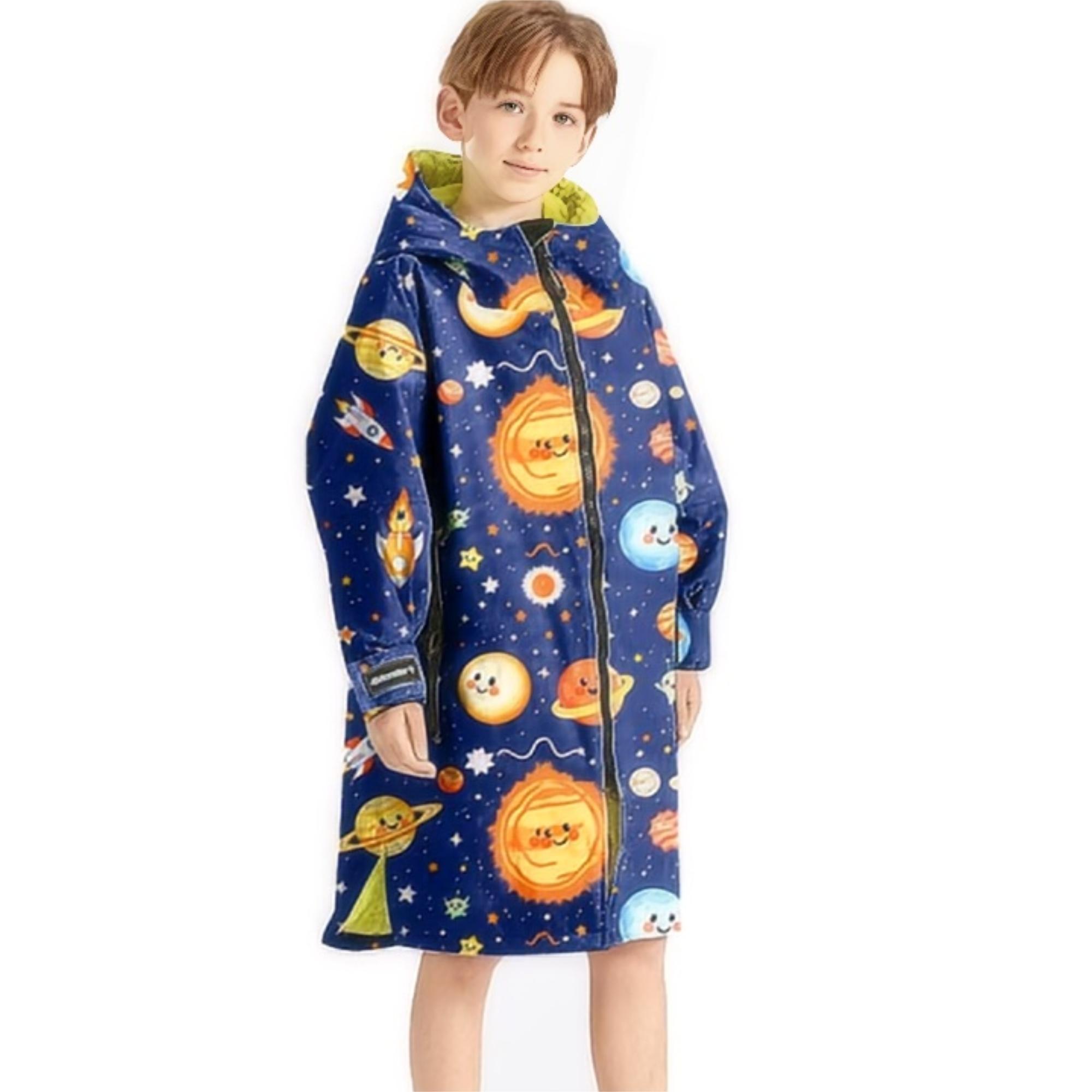 Custom Blue Cosmic Children's Swimming Robe - Yellow Fleece Lined Kids Beach & Changing Robe for Boys