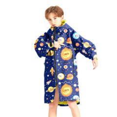 Custom Blue Cosmic Children's Swimming Robe - Yellow Fleece Lined Kids Beach & Changing Robe for Boys