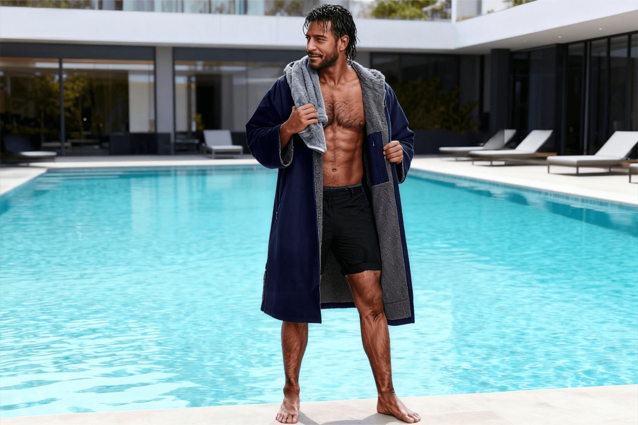 Man wearing waterproof changing robe at poolside