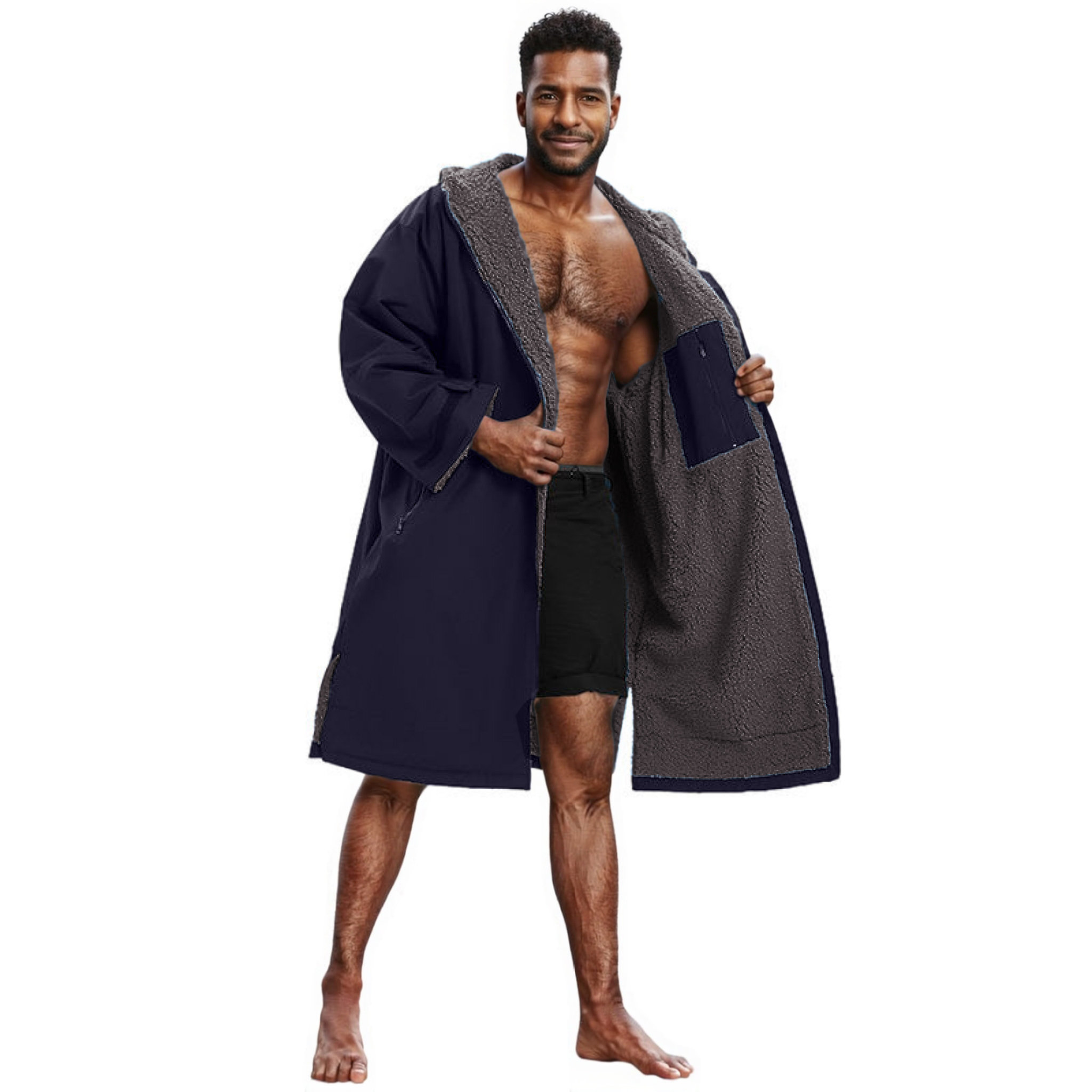 Waterproof Changing Robe for Men – Royal Blue & Dark Grey Fleece Lined (LB-B001)