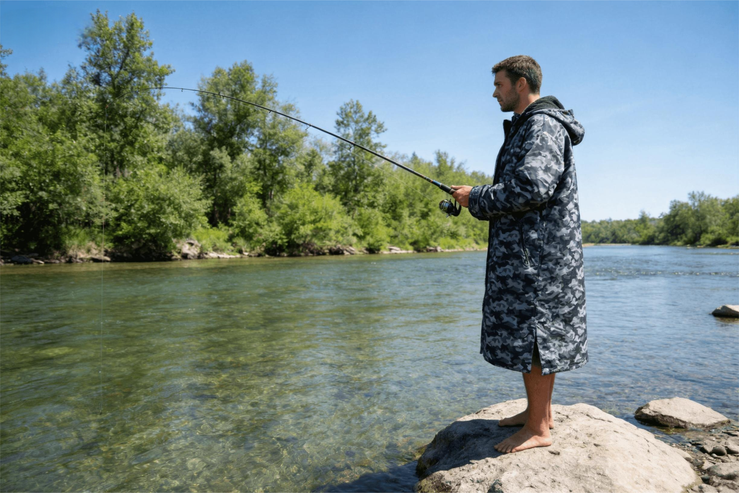 Fisherman wearing camo waterproof robe by river