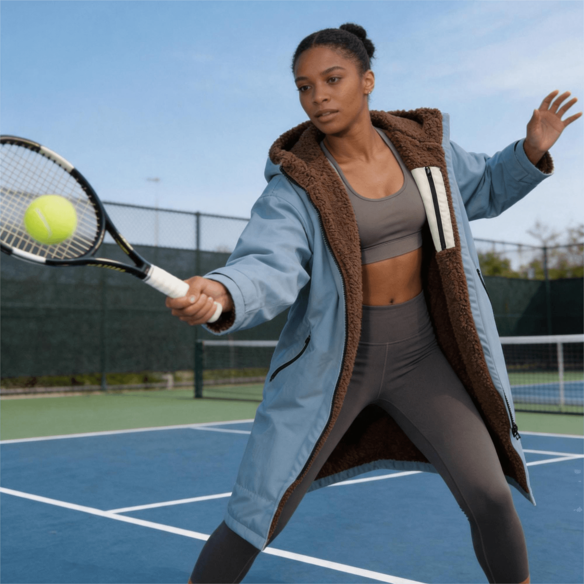 Woman wearing misty blue robe coat after tennis