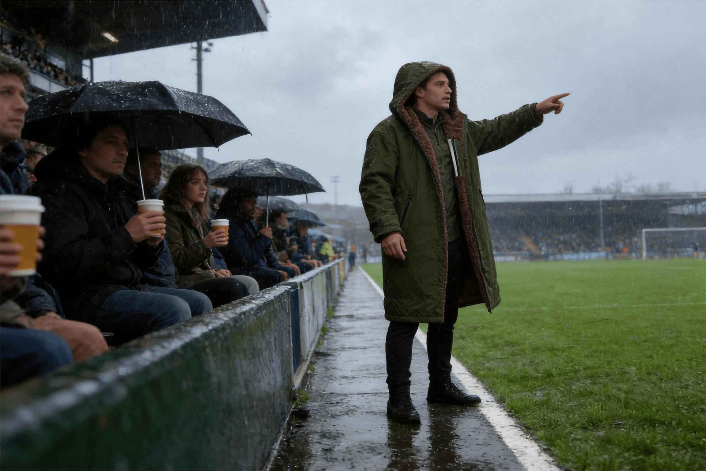 football coach wearing waterproof changing robe on rainy sideline spectators in stands