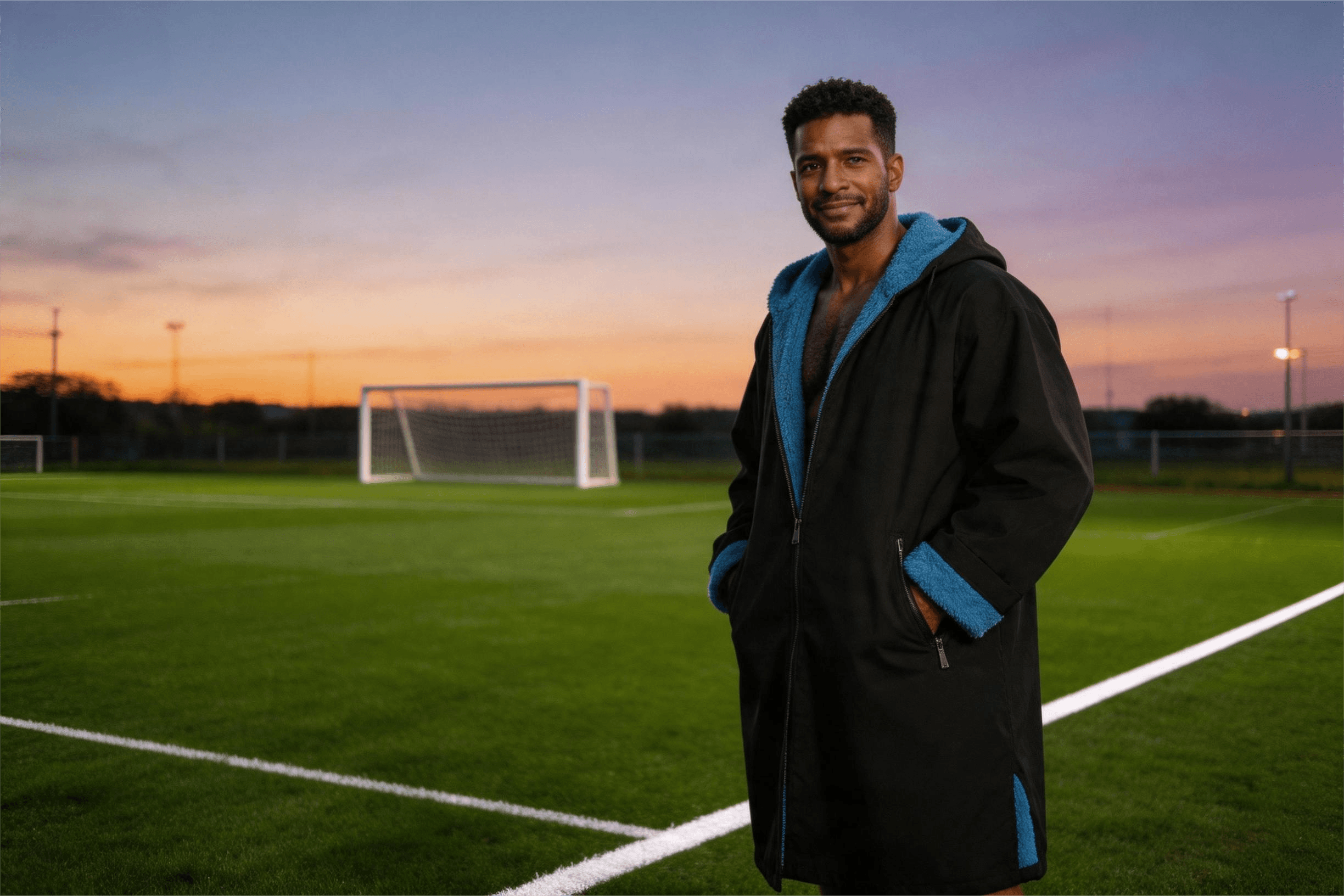 Football coach in black fleece lined robe