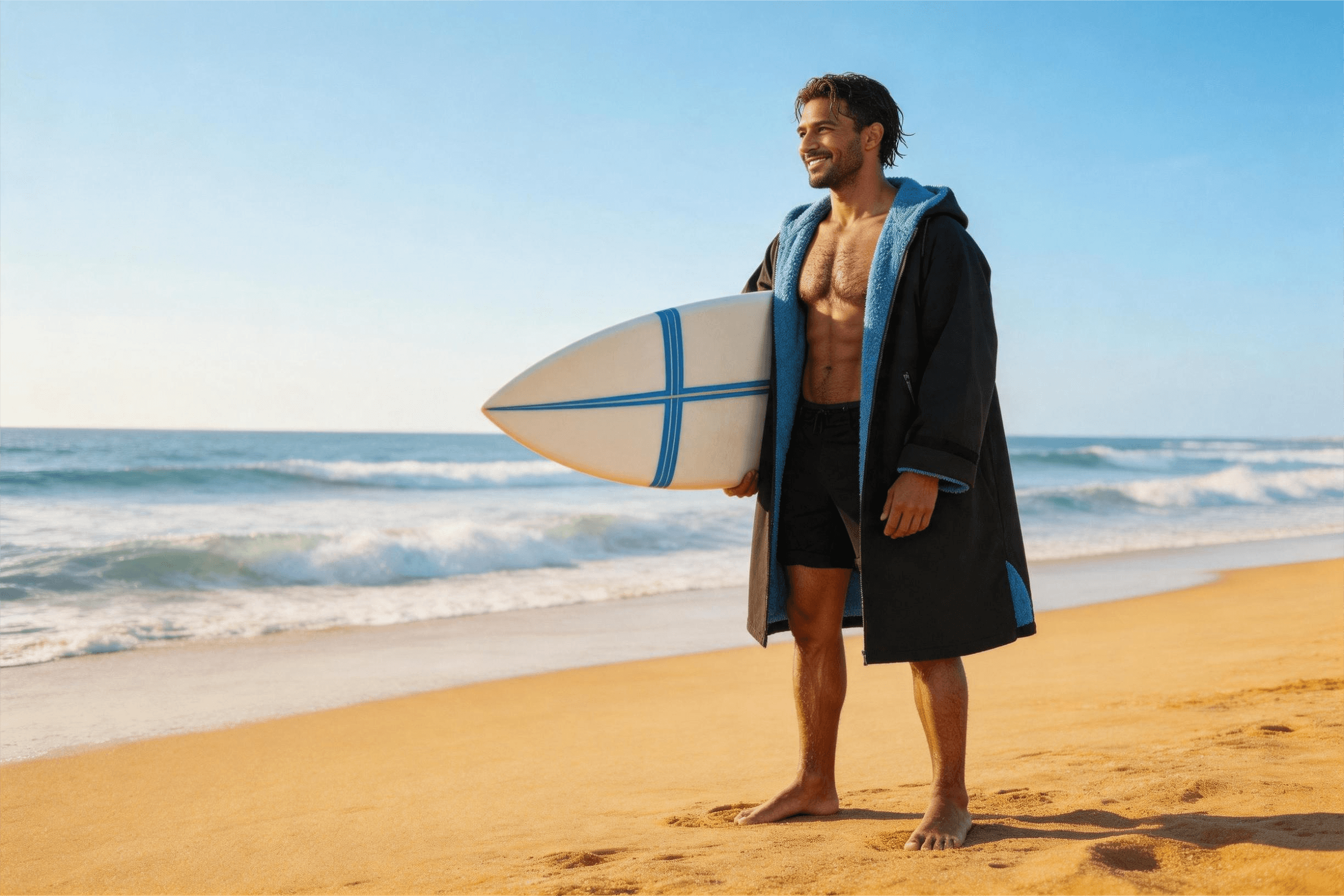 Man wearing black changing robe after surfing