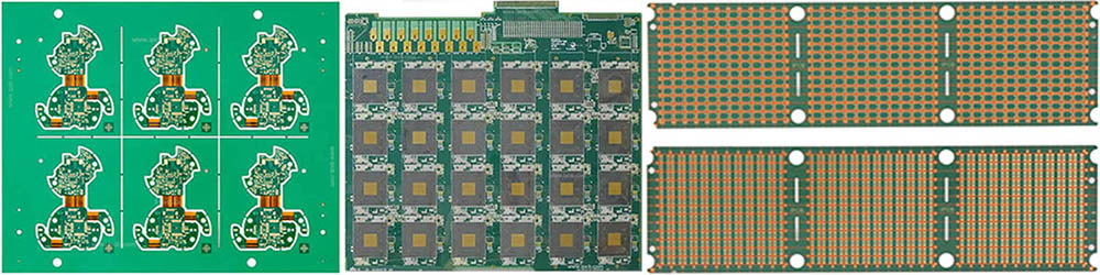 PCB prototype panels showing repeated circuit board layouts