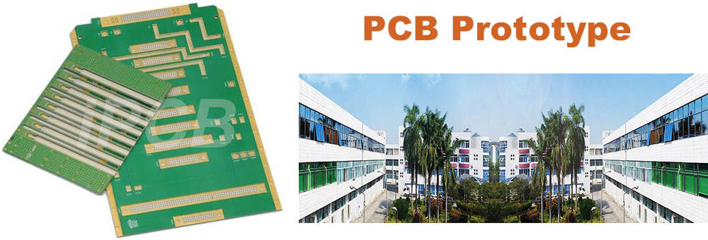 PCB prototype boards alongside a manufacturing facility