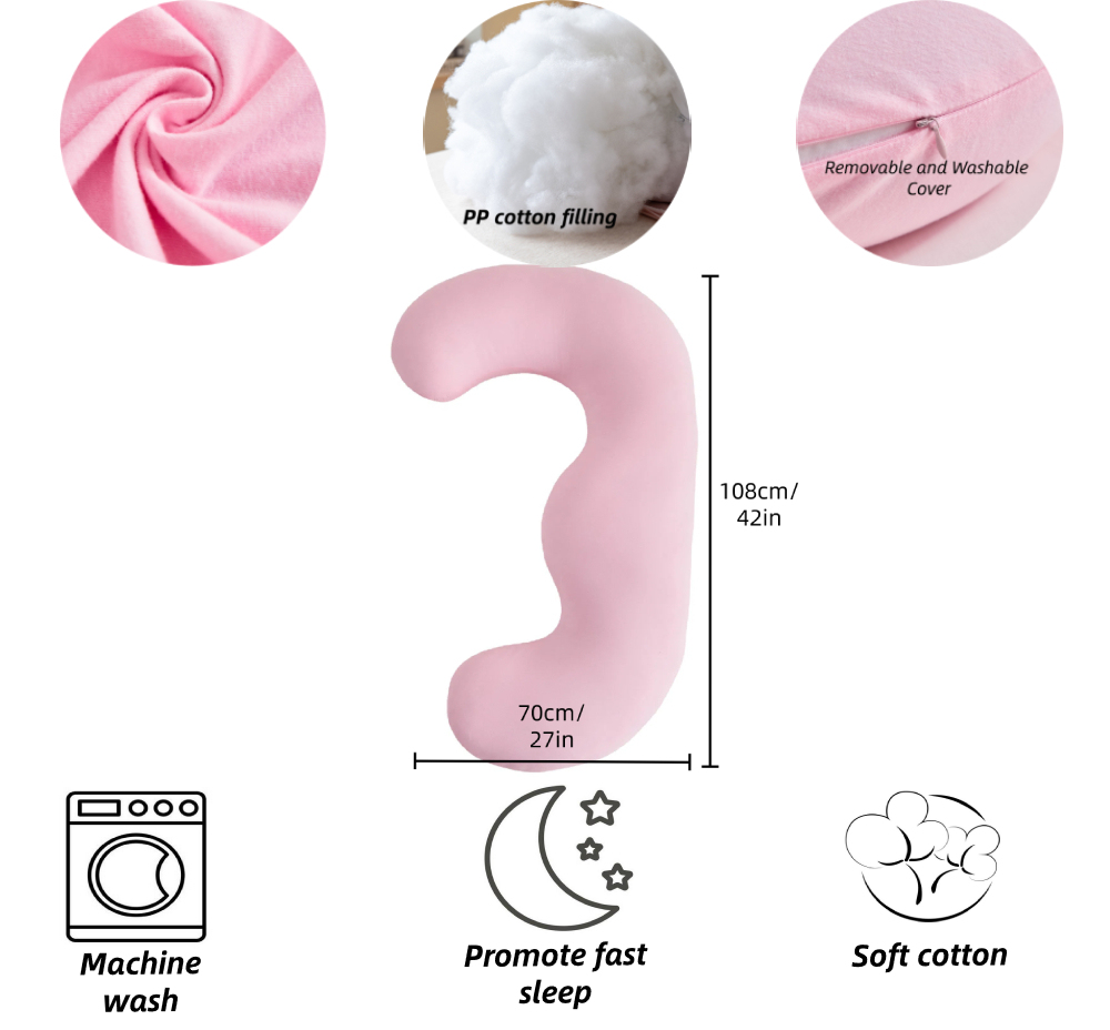 Moonlight Pink J Shaped Soft OEKO-TEX Certified Pregnancy Pillow Women's Body Support Nursing Sleeping All-Season Pillow Factory Wholesale