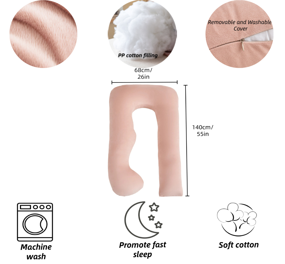 Moonlight Hot Sale U-Shaped Full Body Velvet Maternity Pregnancy Pillow with PP Cotton Filling Washable Removable Cover