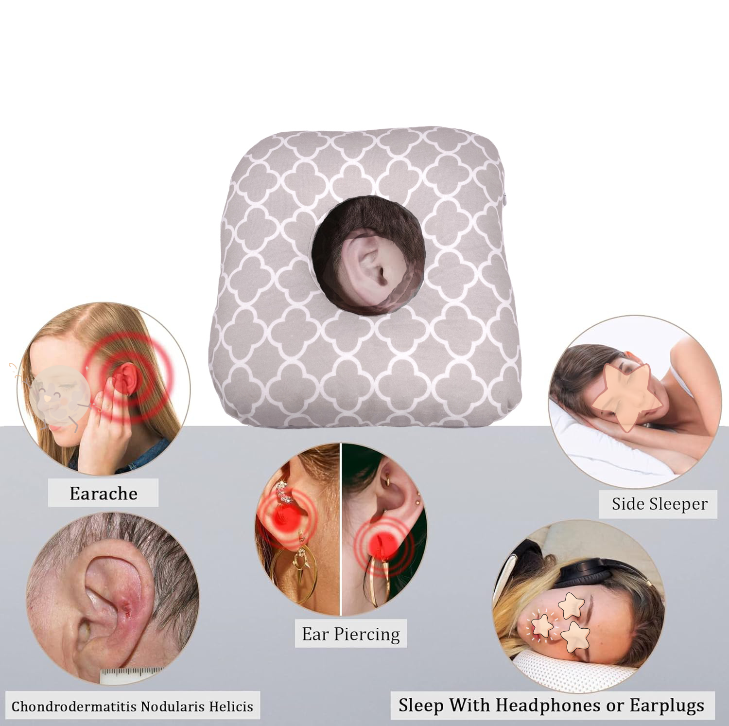 Moonlight Ear Piercing Pillow with an Ear Hole for Ear Pain Inflammation Pressure Sores for Side Sleepers Sleeping Pillow