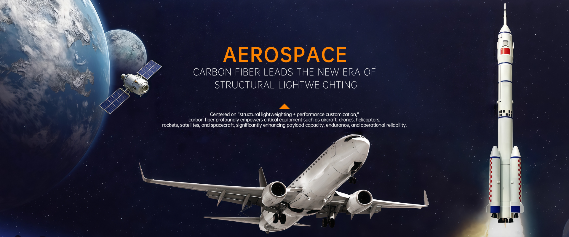 Aerospace structural lightweighting carbon fiber for aircraft, drones, rockets, and satellites.