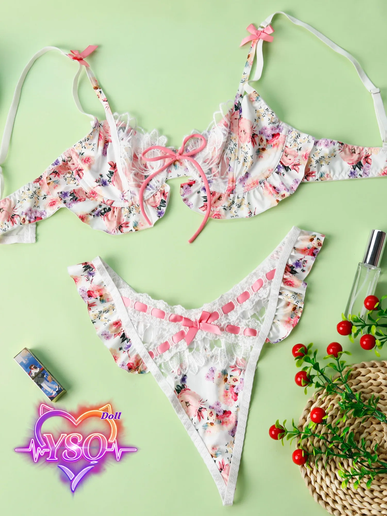 Floral Ruffle Lingerie Set for Adult Dolls – Sweet Pink Bow & Lace Bra and Panty Set | Custom Fit for 140cm-170cm TPE & Silicone Dolls