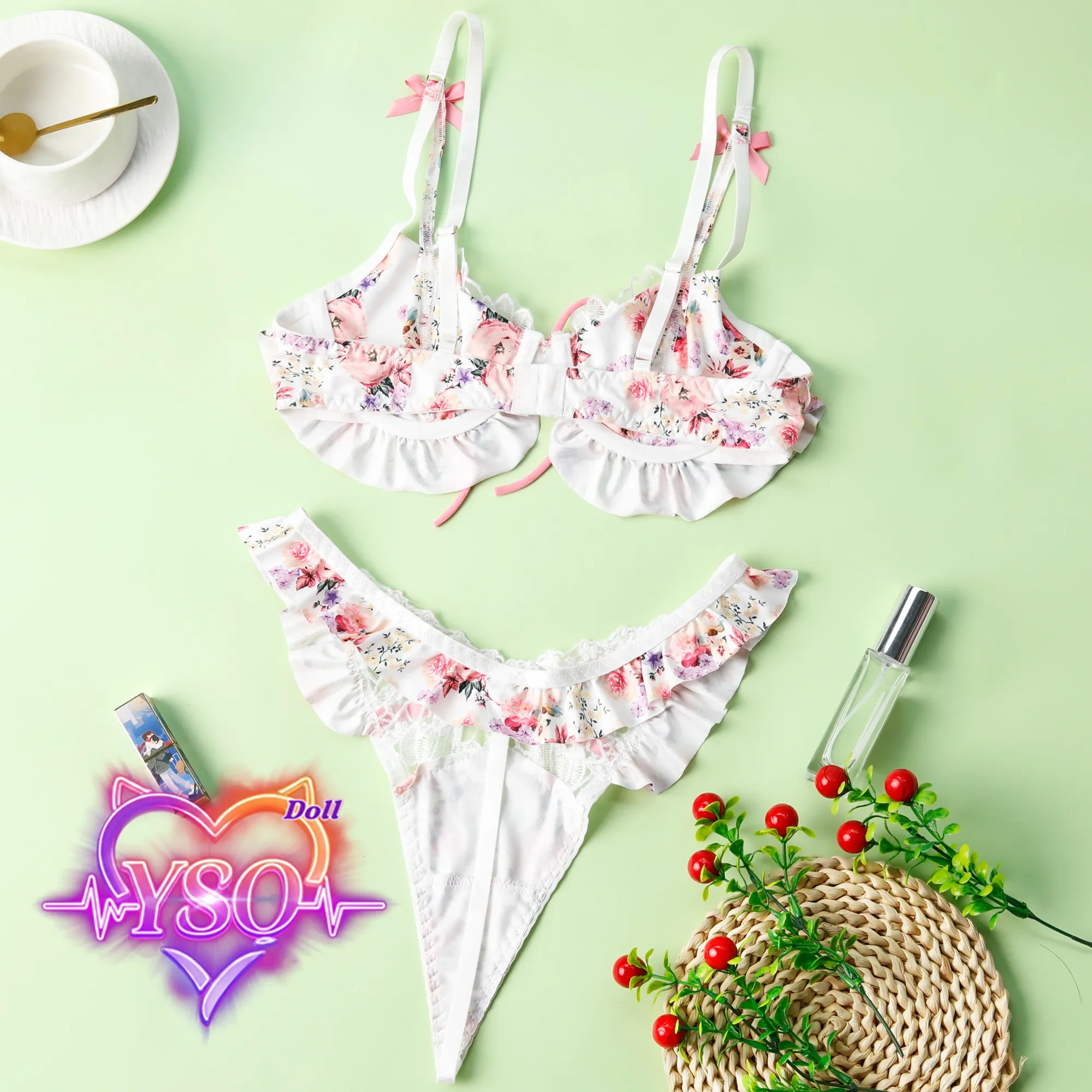 Floral Ruffle Lingerie Set for Adult Dolls – Sweet Pink Bow & Lace Bra and Panty Set | Custom Fit for 140cm-170cm TPE & Silicone Dolls