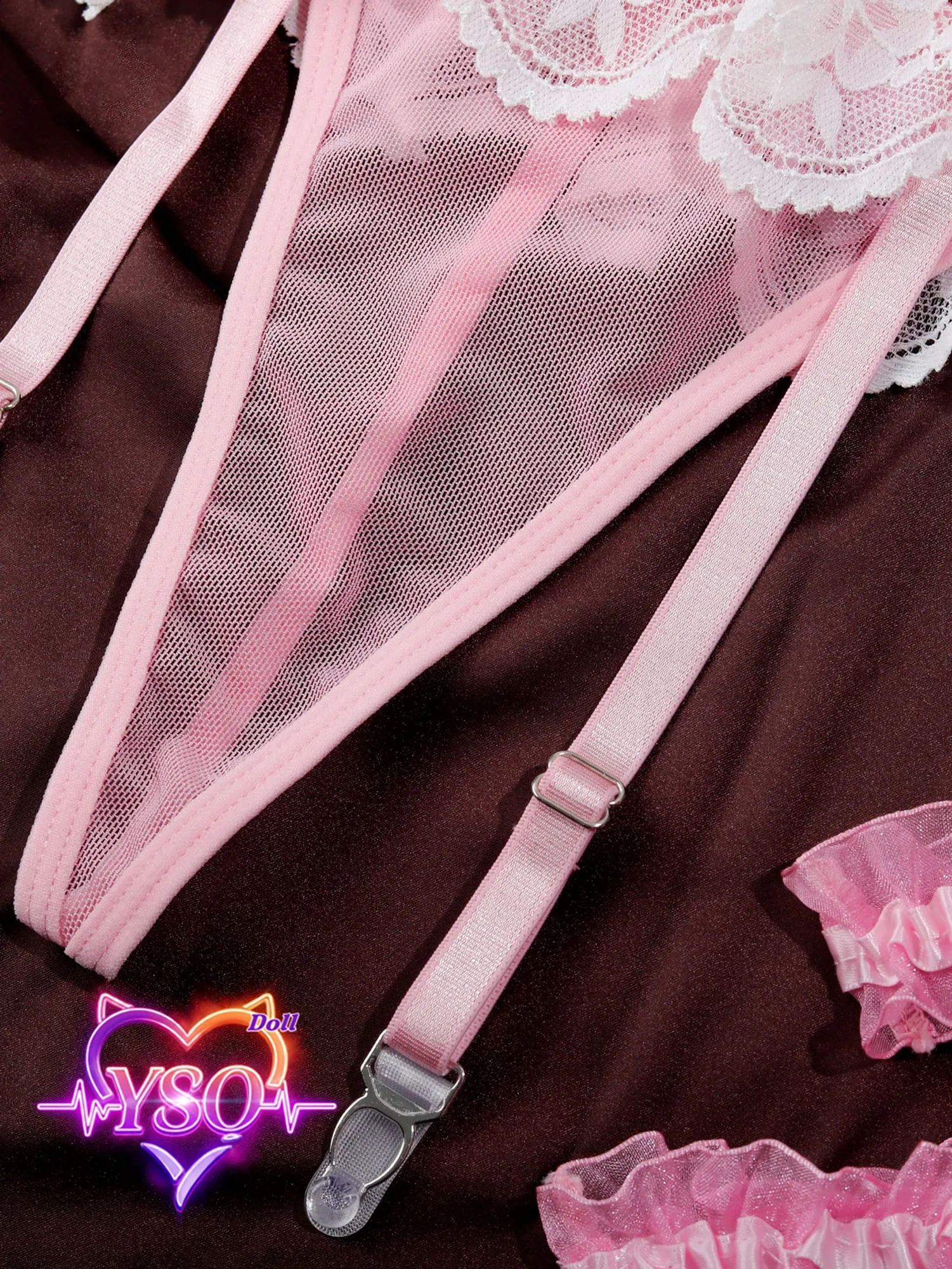 Stain-Safe Floral Lingerie for Adult Dolls – Sweet Ruffle Bra & Panty Set with Pink Bows | For 140cm-170cm TPE & Silicone Dolls