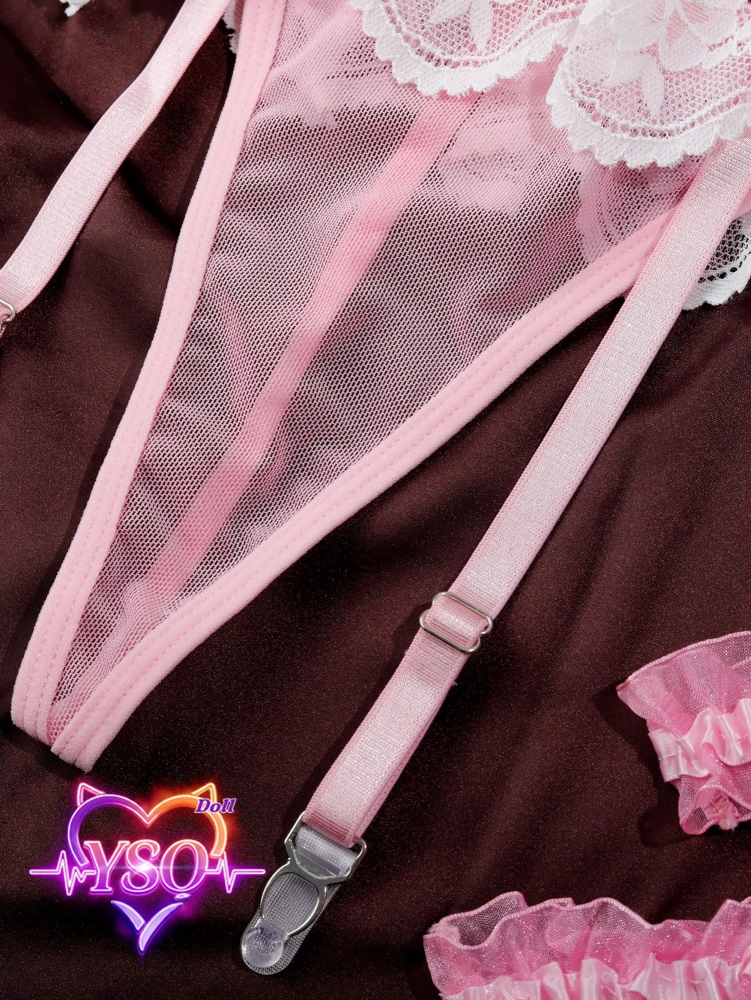 Stain-Safe Floral Lingerie for Adult Dolls – Sweet Ruffle Bra & Panty Set with Pink Bows | For 140cm-170cm TPE & Silicone Dolls