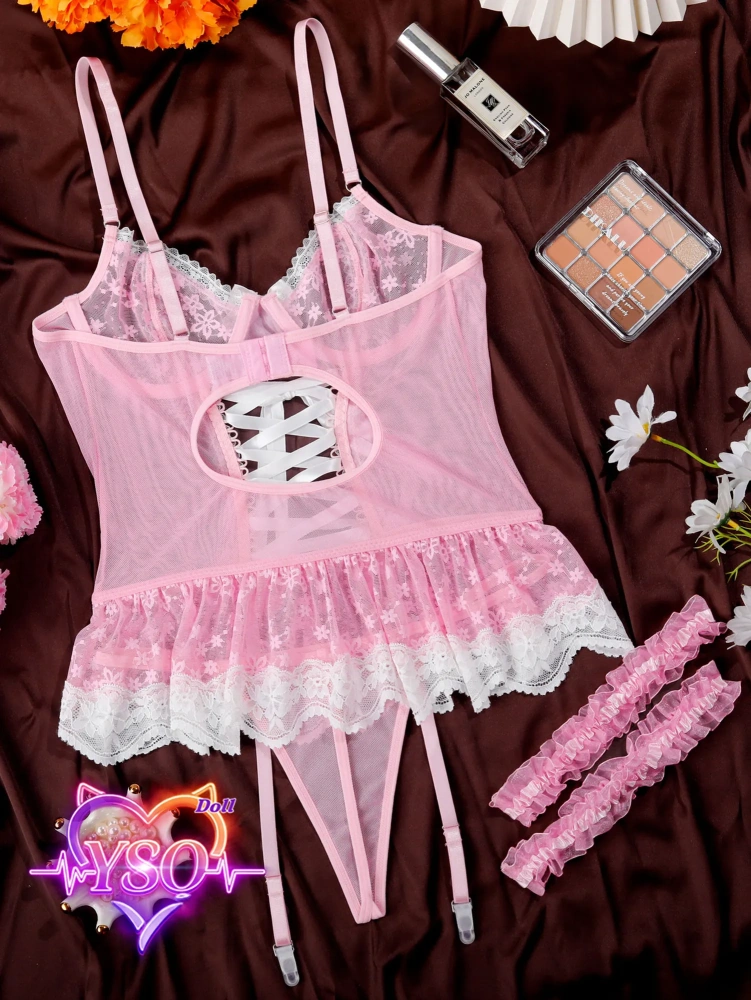 Stain-Safe Floral Lingerie for Adult Dolls – Sweet Ruffle Bra & Panty Set with Pink Bows | For 140cm-170cm TPE & Silicone Dolls