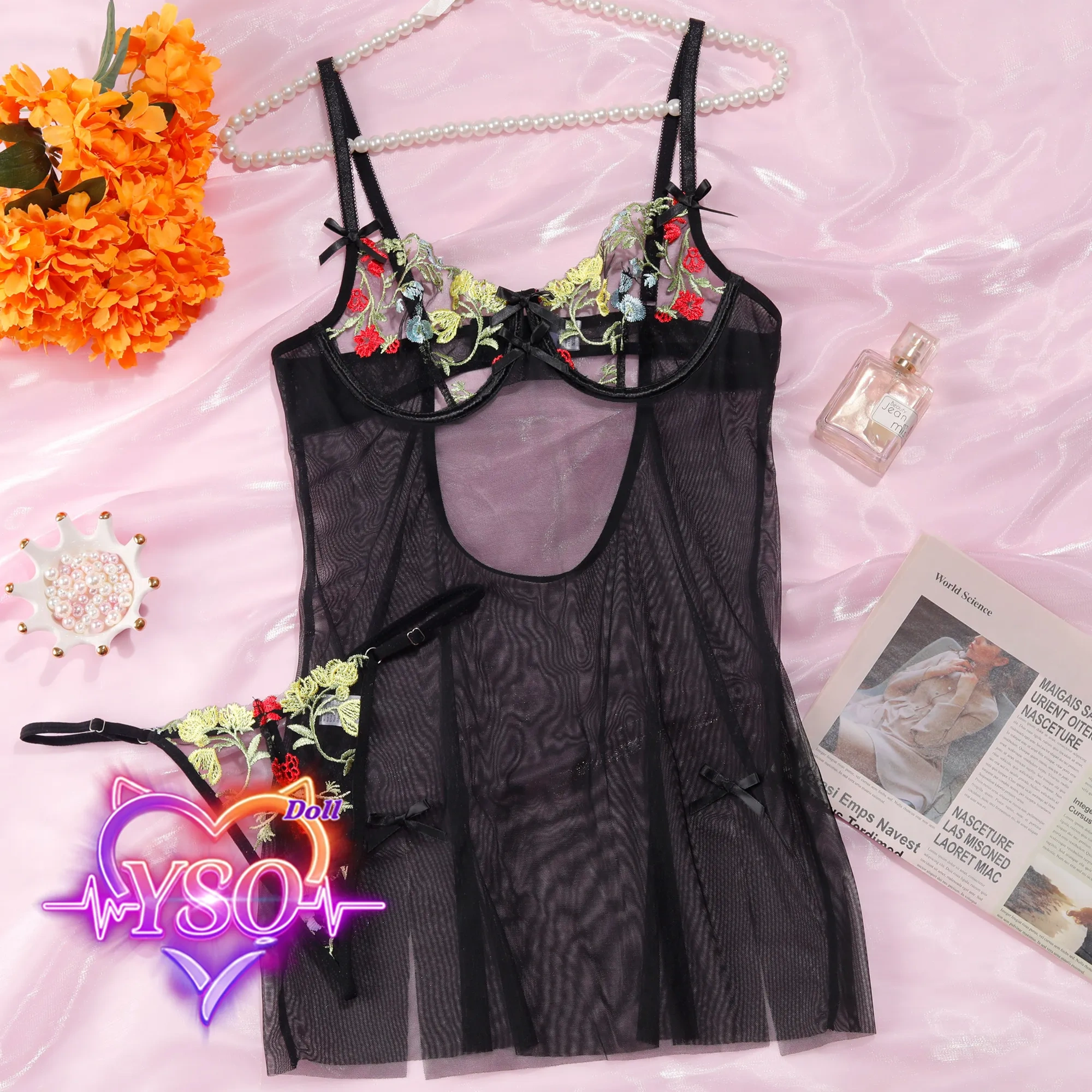 Stain-Safe Floral Lingerie for Adult Dolls – Sweet Ruffle Bra & Panty Set with Pink Bows | Fits 140cm-170cm TPE & Silicone Dolls