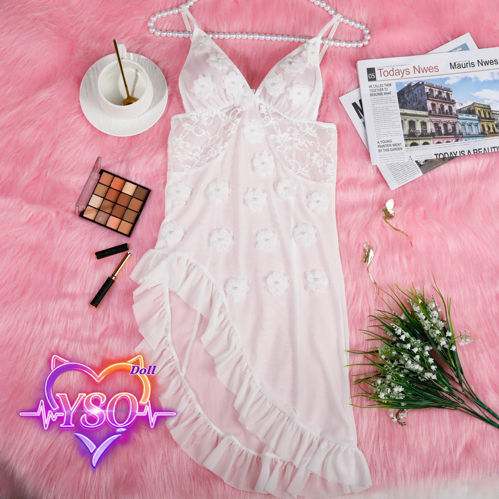 Romantic Lace-Up Corset & Mesh Nightdress for Adult Dolls – White Floral & Pink Princess Styles | Life-Size Doll Accessories