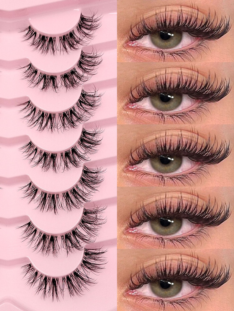 Asiteo 7 Pairs Messy Natural Cat Eye Lashes Clear Band Lashes Cat Eye Look Wispy Lashes Eye End Elongated Full Strip Soft Natural Realistic False Eyelashes