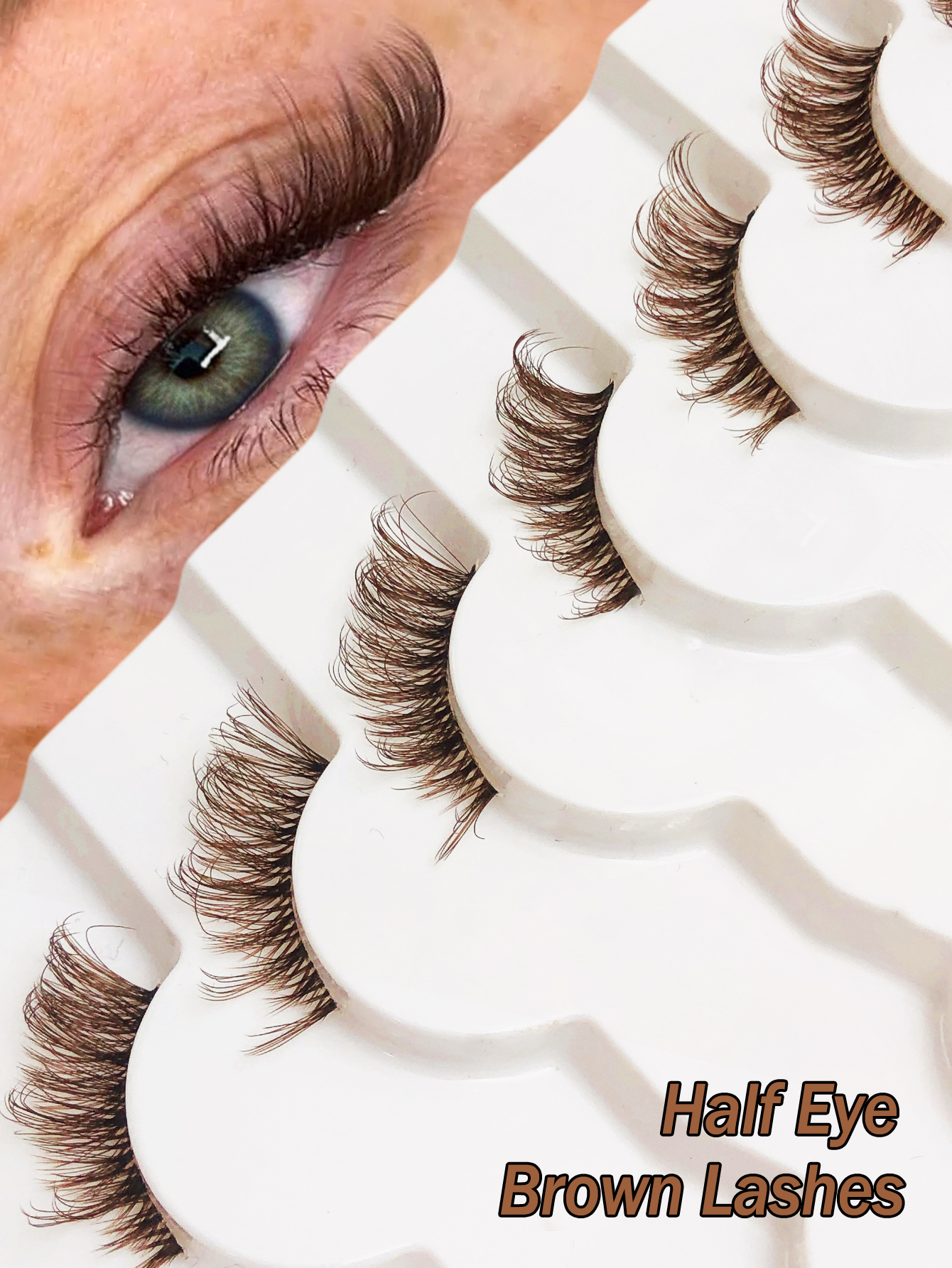 7 Pairs of Natural Style Brown Clear Band Half-Eye Lashes, Fox Eye Cat Eye Eye Tail Elongation Soft and Light Eyelashes, Suitable for Beginners Easy to Wear Suitable for Daily Dating