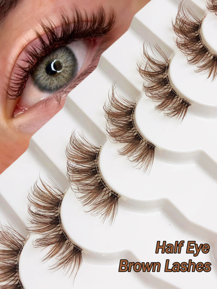 7 Pairs Brown Half Lashes With Clear Band Cat Eye Tail Elongated Eyelashes Natural Look Wispy Faux Mink Lashes Fluffy Soft False Eyelashes Natural Makeup,Suitable For Christmas Makeup,Christmas Gift