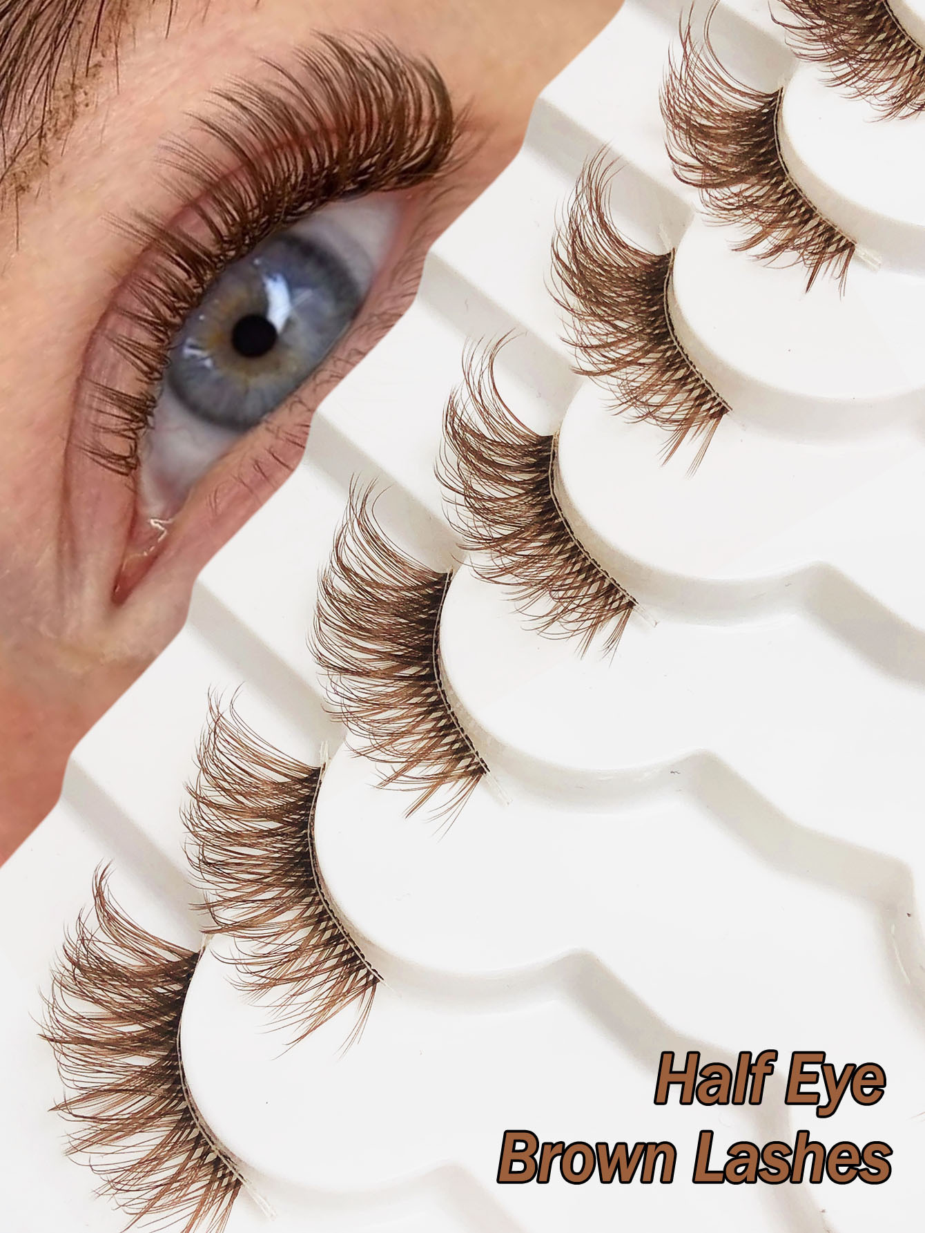 7 Pairs Brown Half Lashes With Clear Band Natural Look Cat Eye Lashes Tail Elongated Eyelashes Fluffy Wispy Soft Faux Mink Lashes Natural Makeup，Suitable For Daily Makeup, Beauty Blogger Makeup