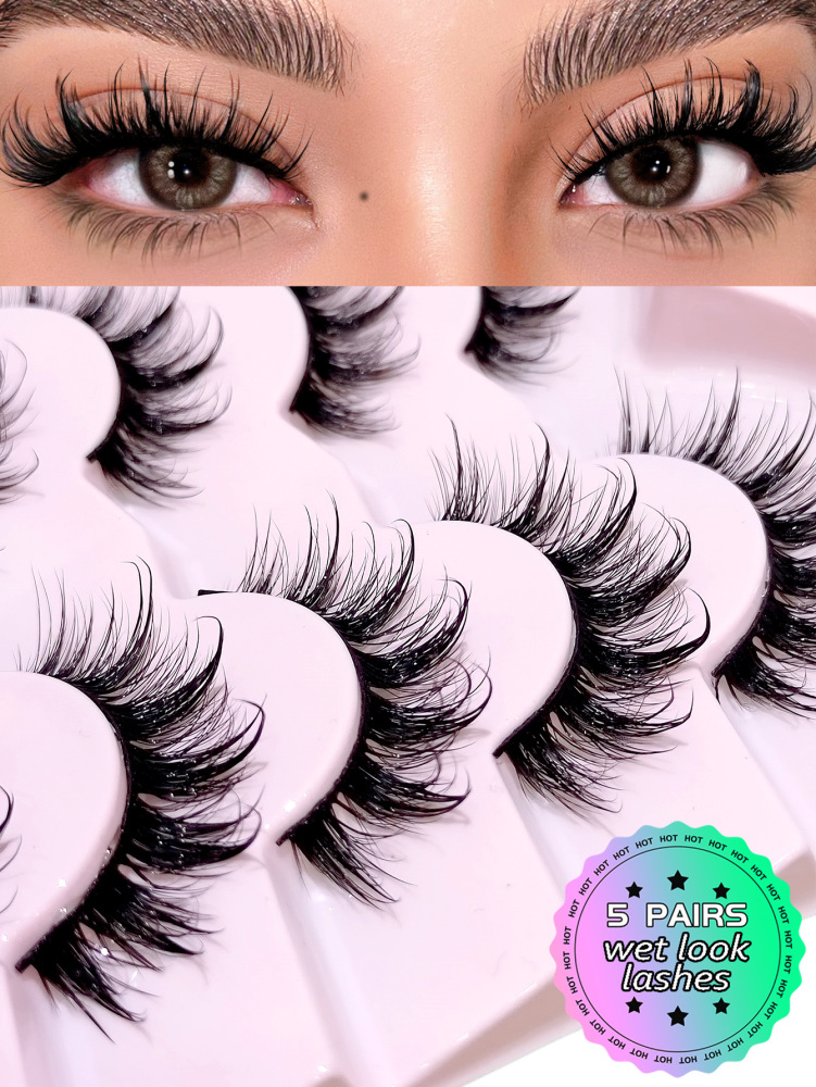 Asiteo New Style 5 Pairs Wet Look Manga Curl Thick Full Strip Lashes Natural Long Faux Mink Eyelashes
