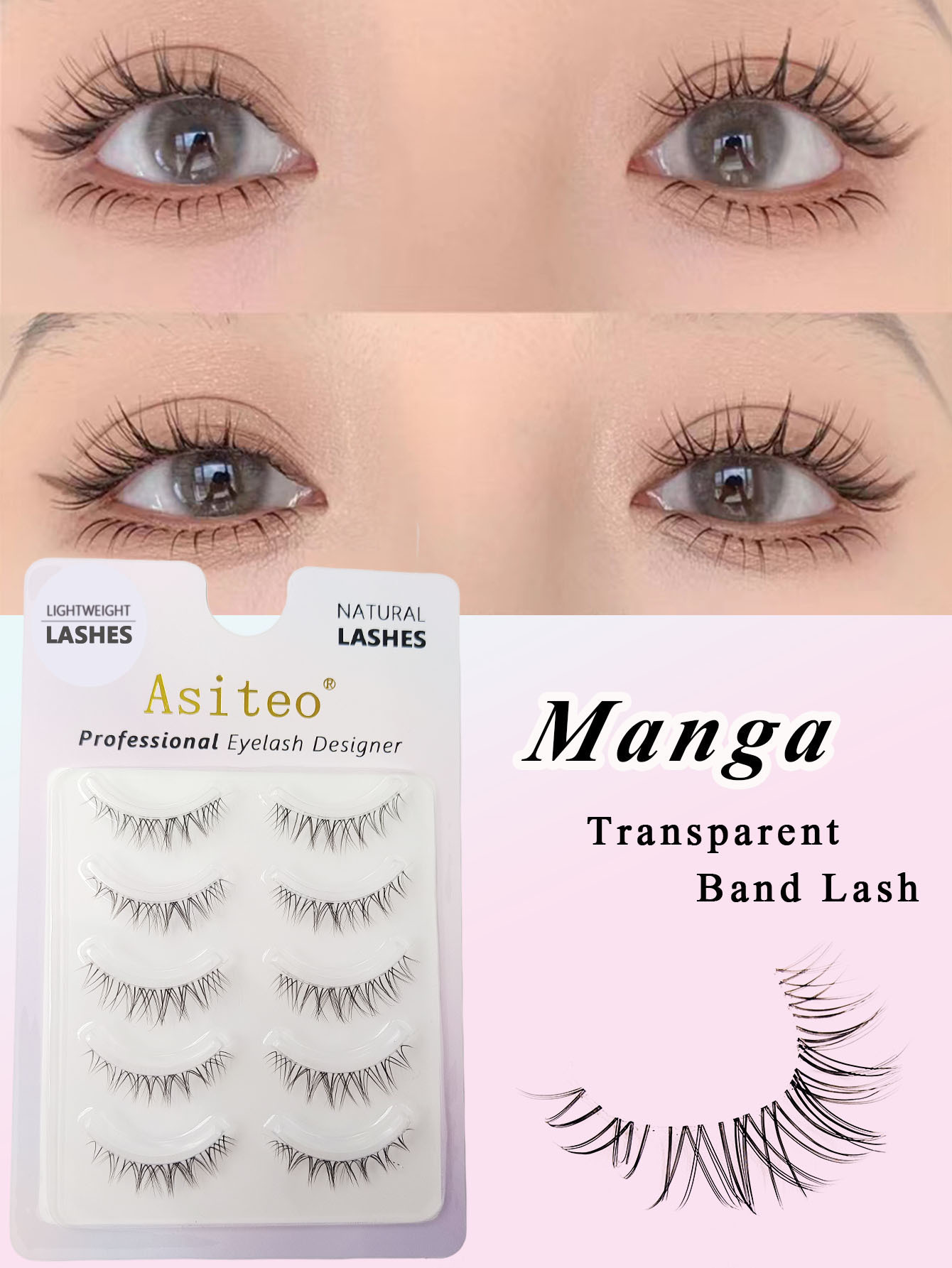 5 Pairs Lashes Manga Lashes Wispy False Eyelash Thai Makeup Fake Eyelashes Invisible Thin Band Soft Natural Eyelashes Extension