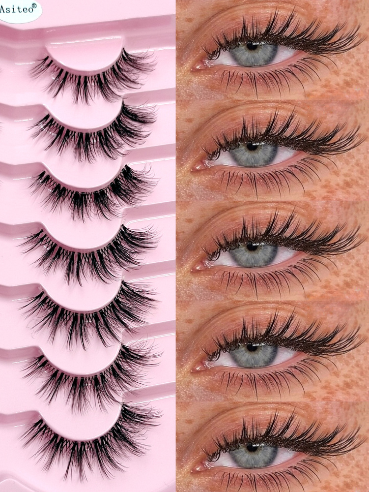 Asiteo Fluffy False Eyelashes 7 Pairs Natural Wispy Lashes Transparent band Faux mink Lashes Thick Soft Curly Lashes