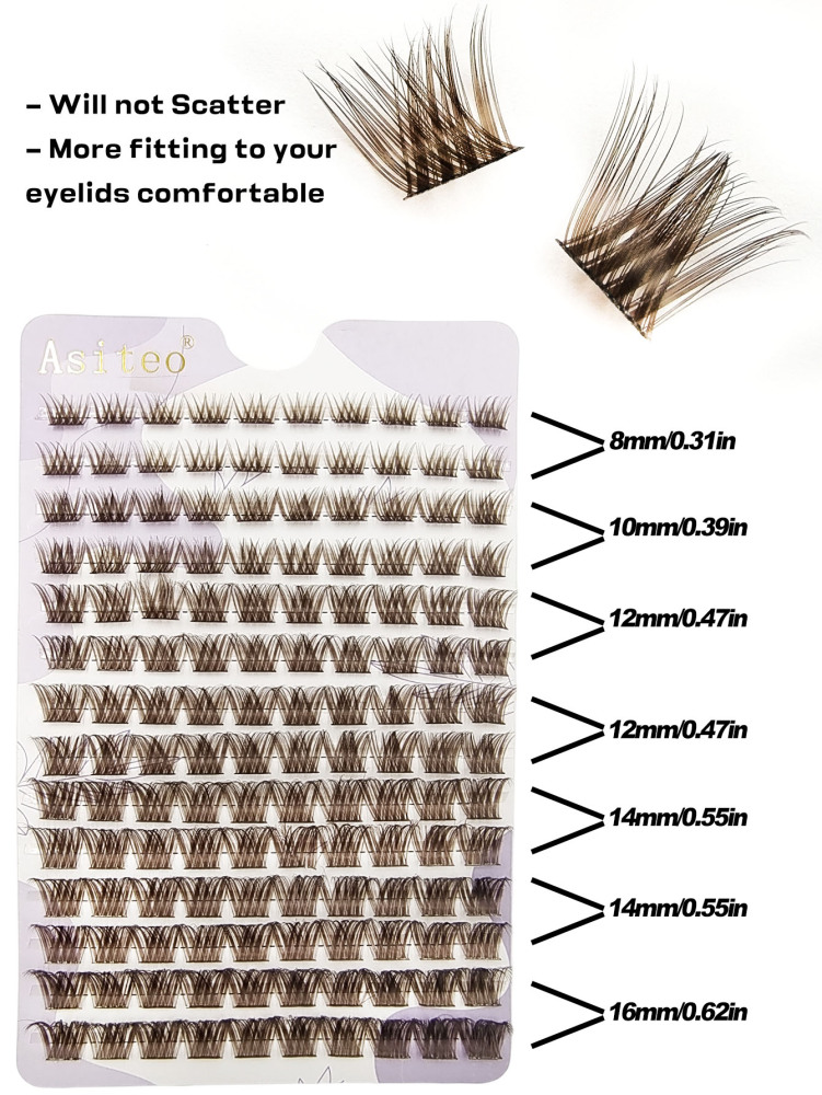Asiteo 140 pcs Brown D Curl False Eyelashes Cluster Brown Eyelashes Cluster Mixed Length 8-16mm Can DIY Curl Thick Imitation Mink False Eyelashes