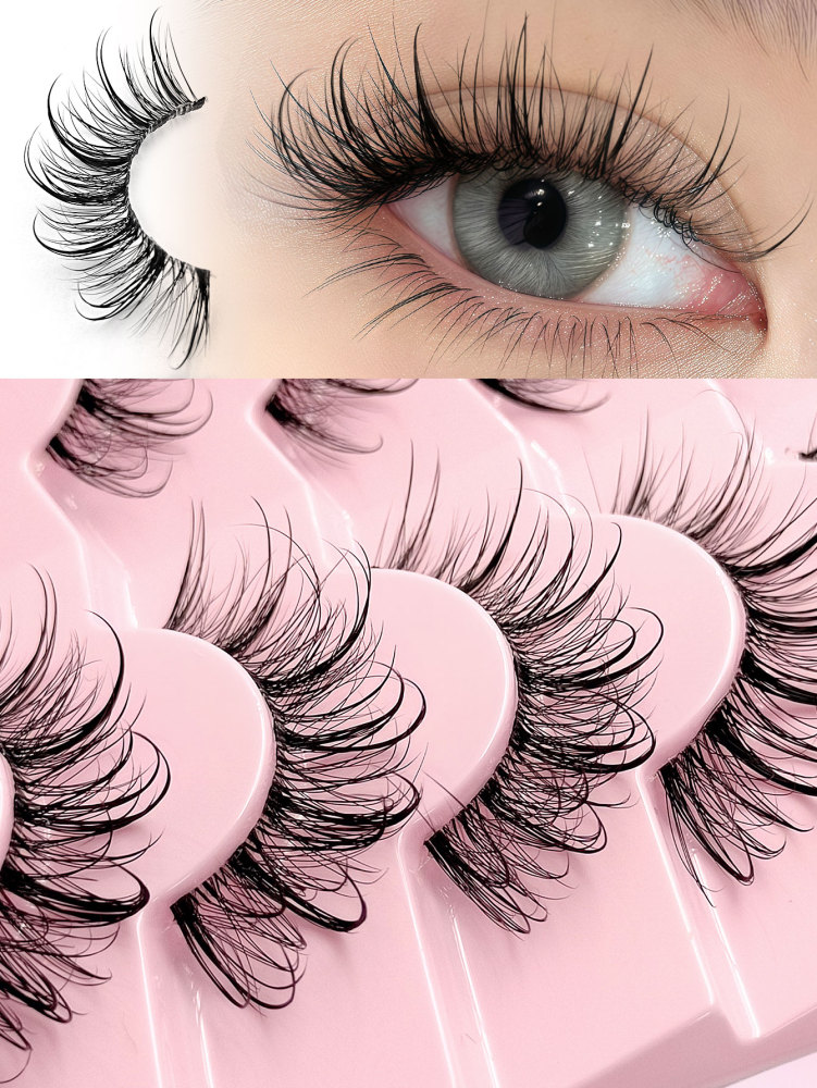 Asiteo 7 Pairs Manga Wispy Natural Wet Look Eyelashes Grafting-Like Effect Faux Mink Lashes Clear Band Y2K Style 3D Fluffy Long Style Cat Eye Natural And Dramatic Eyelash Extensions Makeup Tool