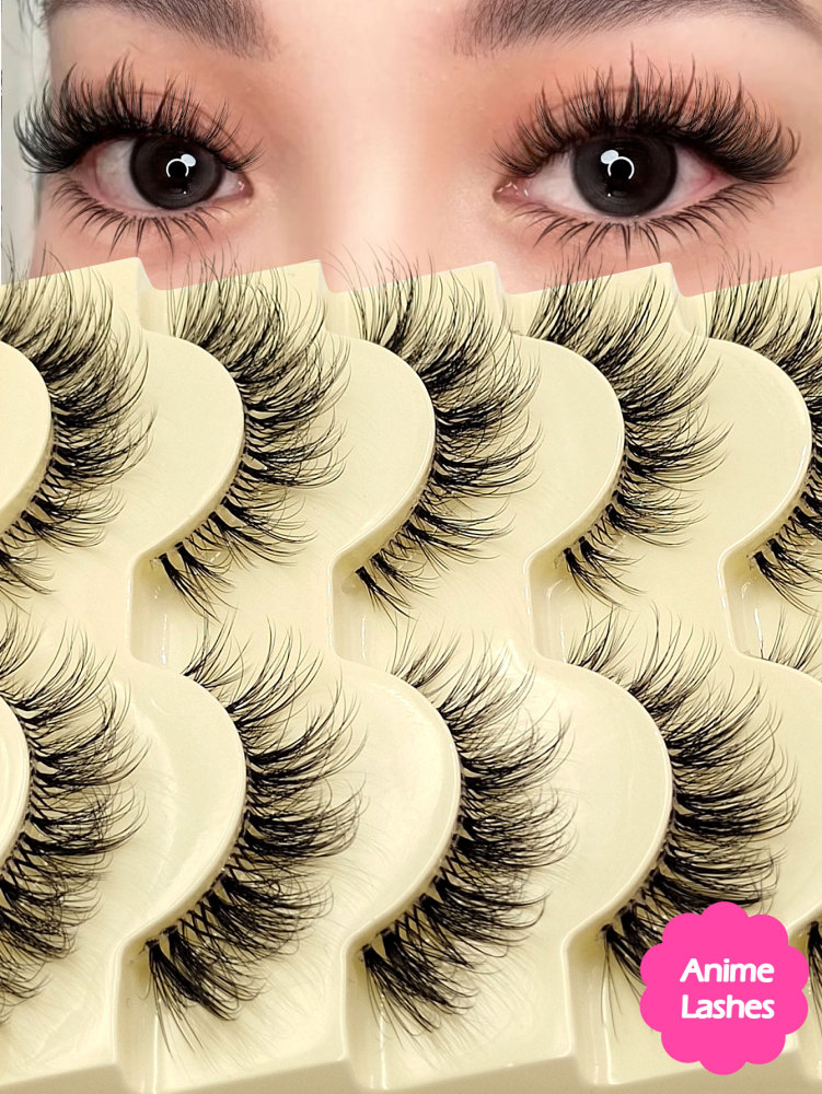 Asiteo 5 Pairs Manga Natural Wispy False Eyelashes - Clear Band Faux Mink Lashes Cat-Eye Shape, Natural Look for Everyday Glam - Reusable, Comfortable, Beginner Friendly