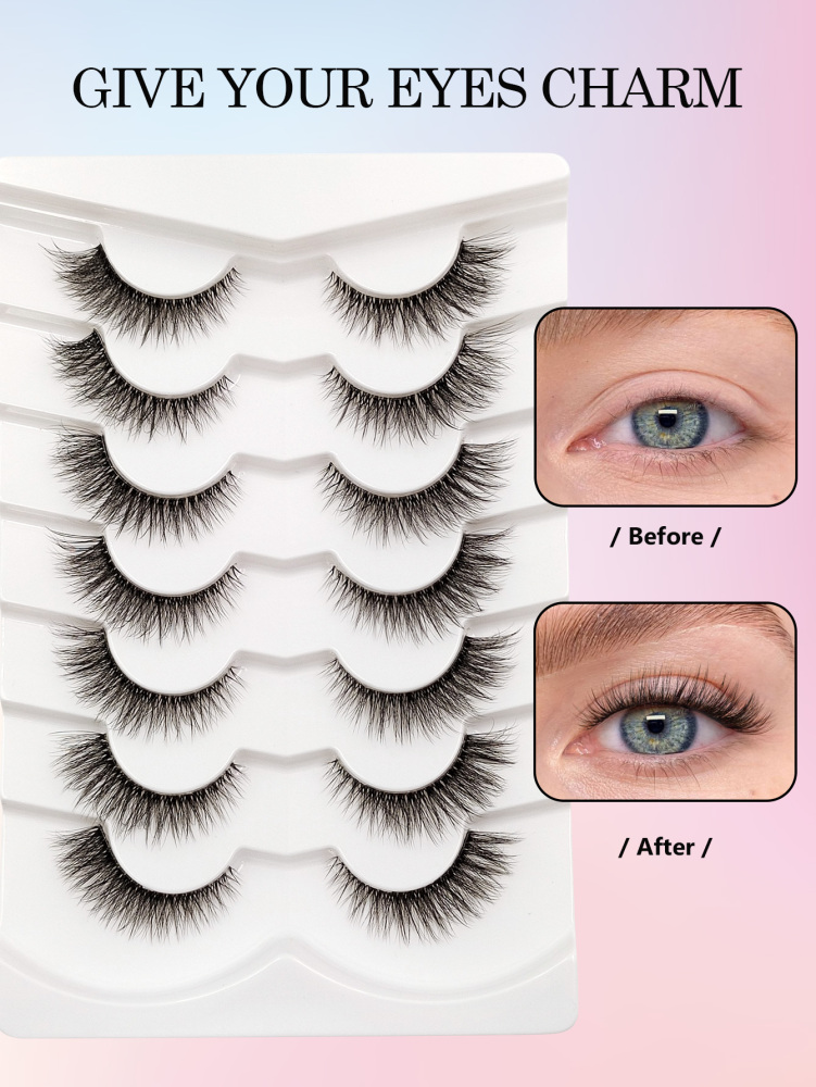 Asiteo 7 Pairs Clear Band Wispy Natural Lashes - Reusable, and Lightweight for a Dramatic Eye Makeup Look - Perfect for Everyday Wear False Eyelashes