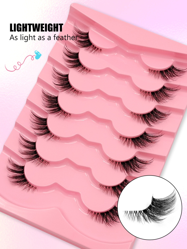 Asiteo 7 Pairs Half Lashes With Clear Band Cat Eye Tail Elongated Eyelashes Natural Look Wispy Faux Mink Lashes Fluffy Soft False Eyelashes Natural Makeup