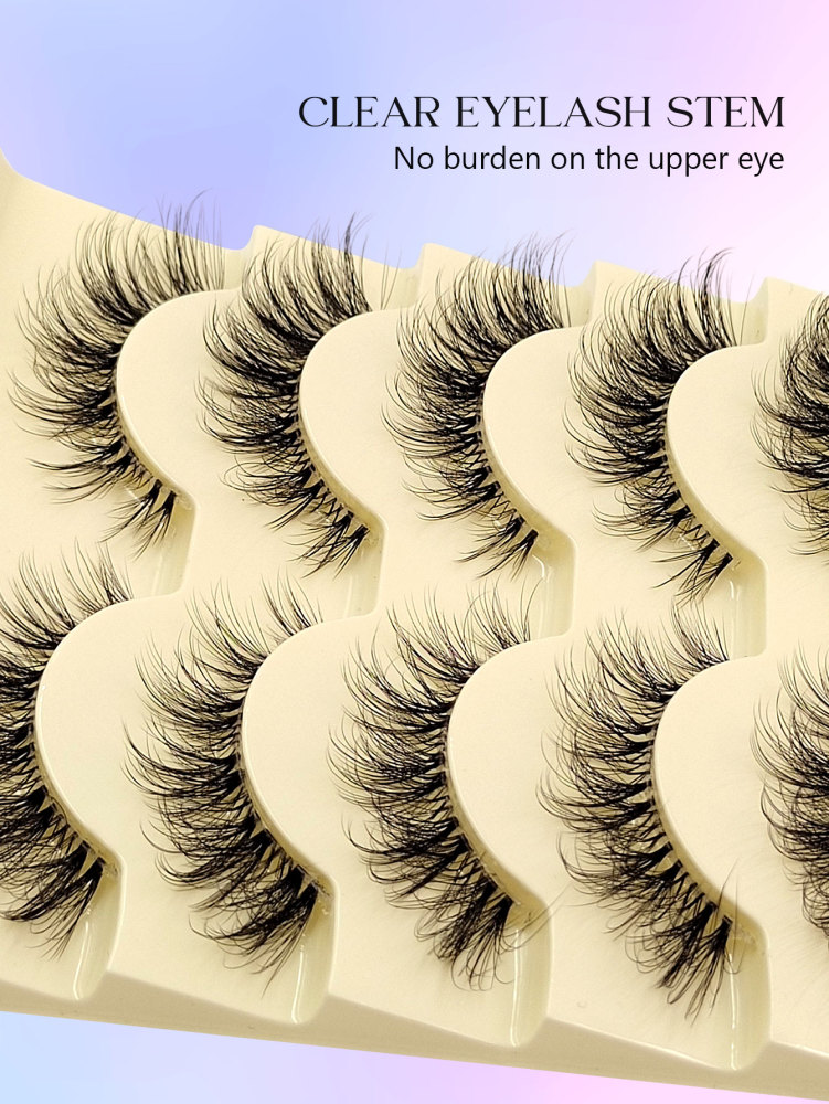 Asiteo 5 Pairs Manga Natural Wispy False Eyelashes - Clear Band Faux Mink Lashes Cat-Eye Shape, Natural Look for Everyday Glam - Reusable, Comfortable, Beginner Friendly