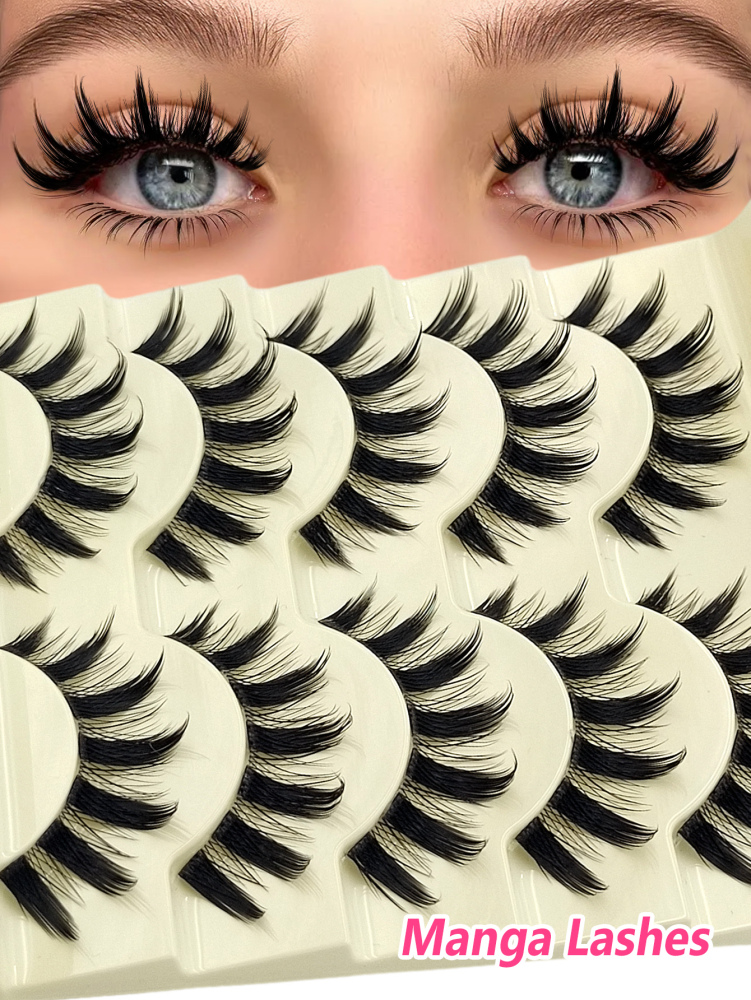 5 Pairs Manga Lashes Eyes Lashes Soft Natural Long Eyelashes Fake Lashes,Anime Wispy Strip False Eyelashes,For Used Daily Makeup Extension Cosplay,Party Reusable