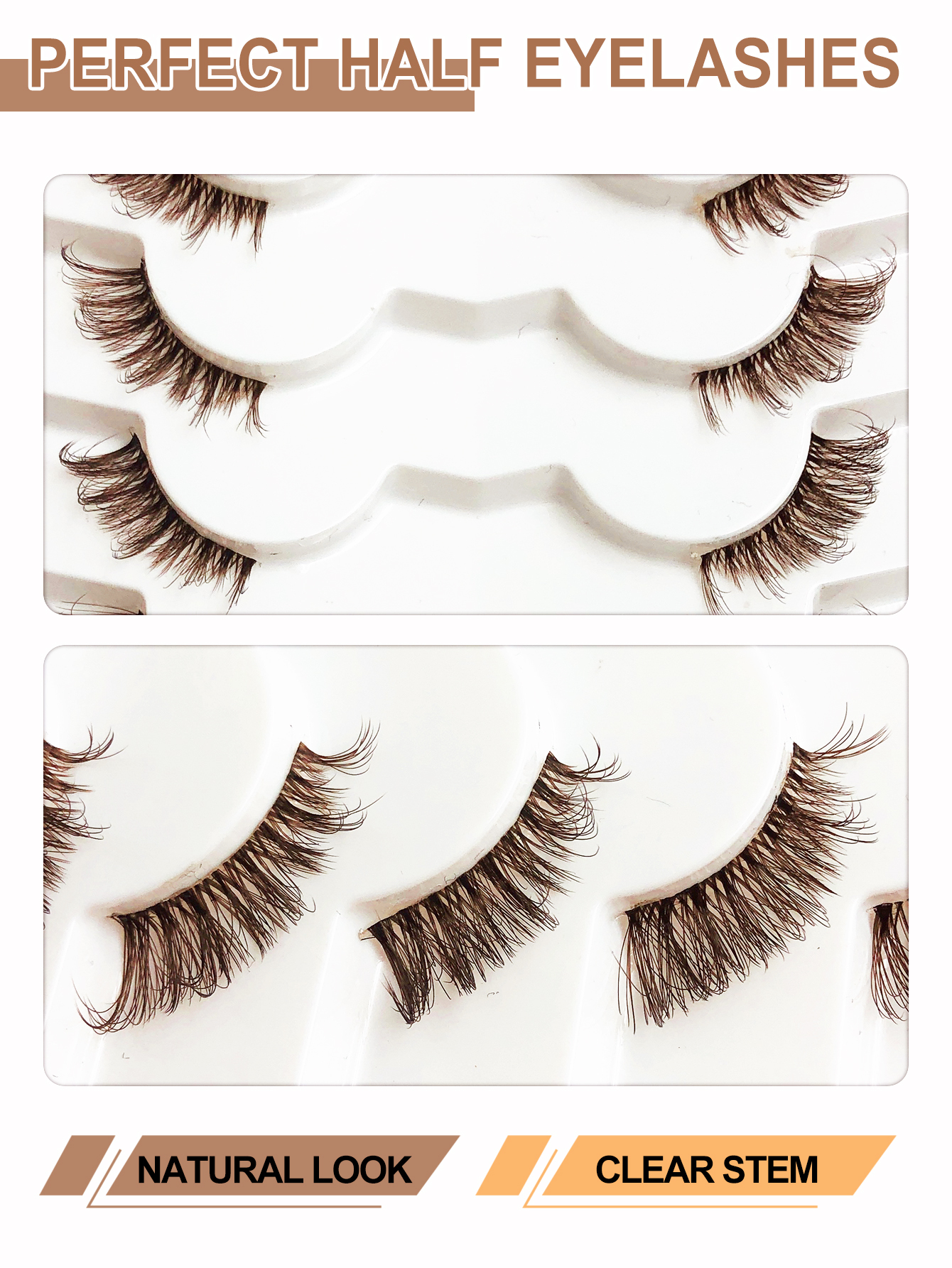 7 Pairs of Natural Style Brown Clear Band Half-Eye Lashes, Fox Eye Cat Eye Eye Tail Elongation Soft and Light Eyelashes, Suitable for Beginners Easy to Wear Suitable for Daily Dating