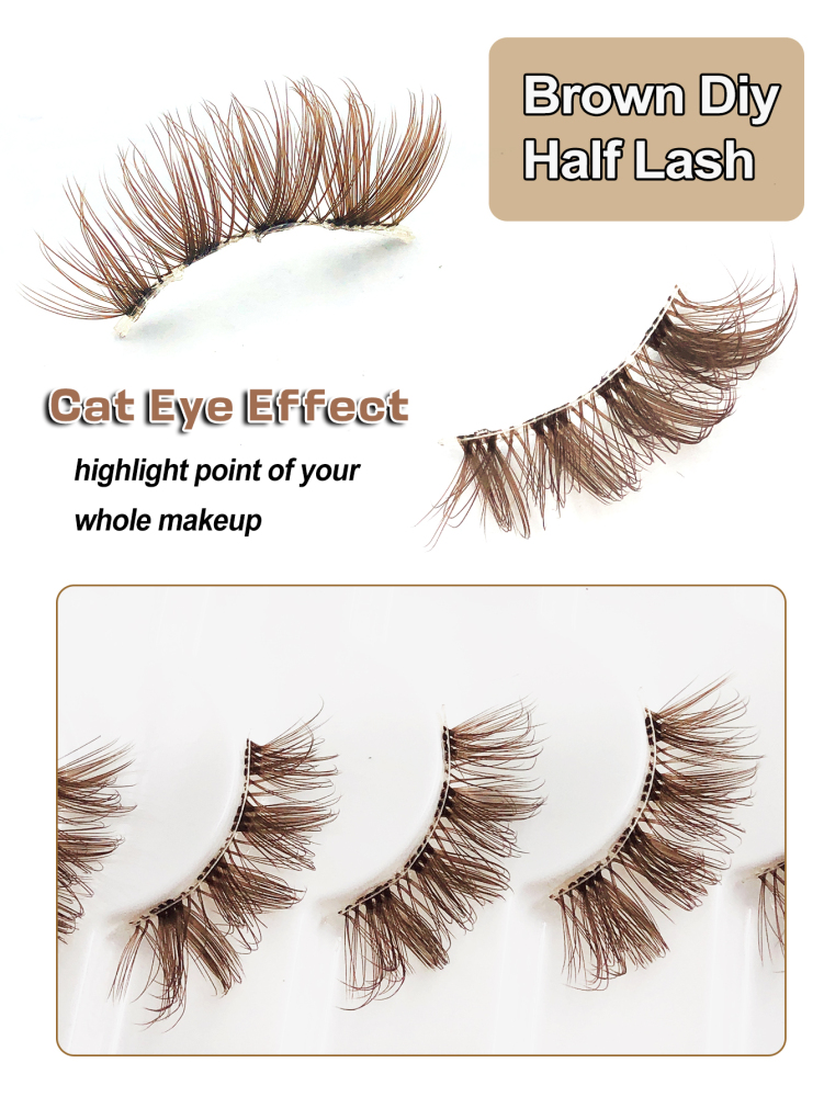 7 Pairs Brown Half Lashes With Clear Band Cat Eye Tail Elongated Eyelashes Natural Look Wispy Faux Mink Lashes Fluffy Soft False Eyelashes Natural Makeup,Suitable For Christmas Makeup,Christmas Gift